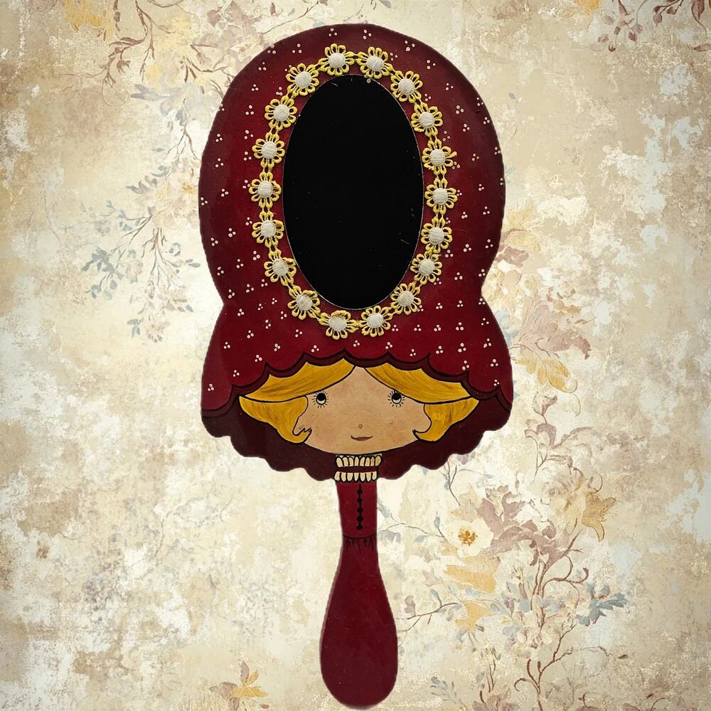 Adorable Child's Face Hand Painted Wooden Vanity Mirror - Delicate Lace Accents